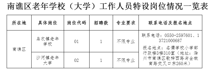 南谯区老年学校（大学）工作人员特设岗位情况一览表